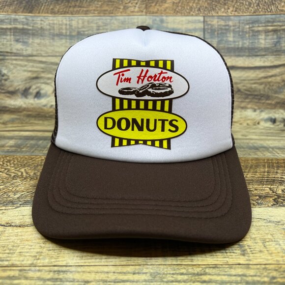 Tim Hortons Donuts Mens Trucker Hat Brown Snapback Canadian Restaurant Retro Cap - Picture 2 of 8
